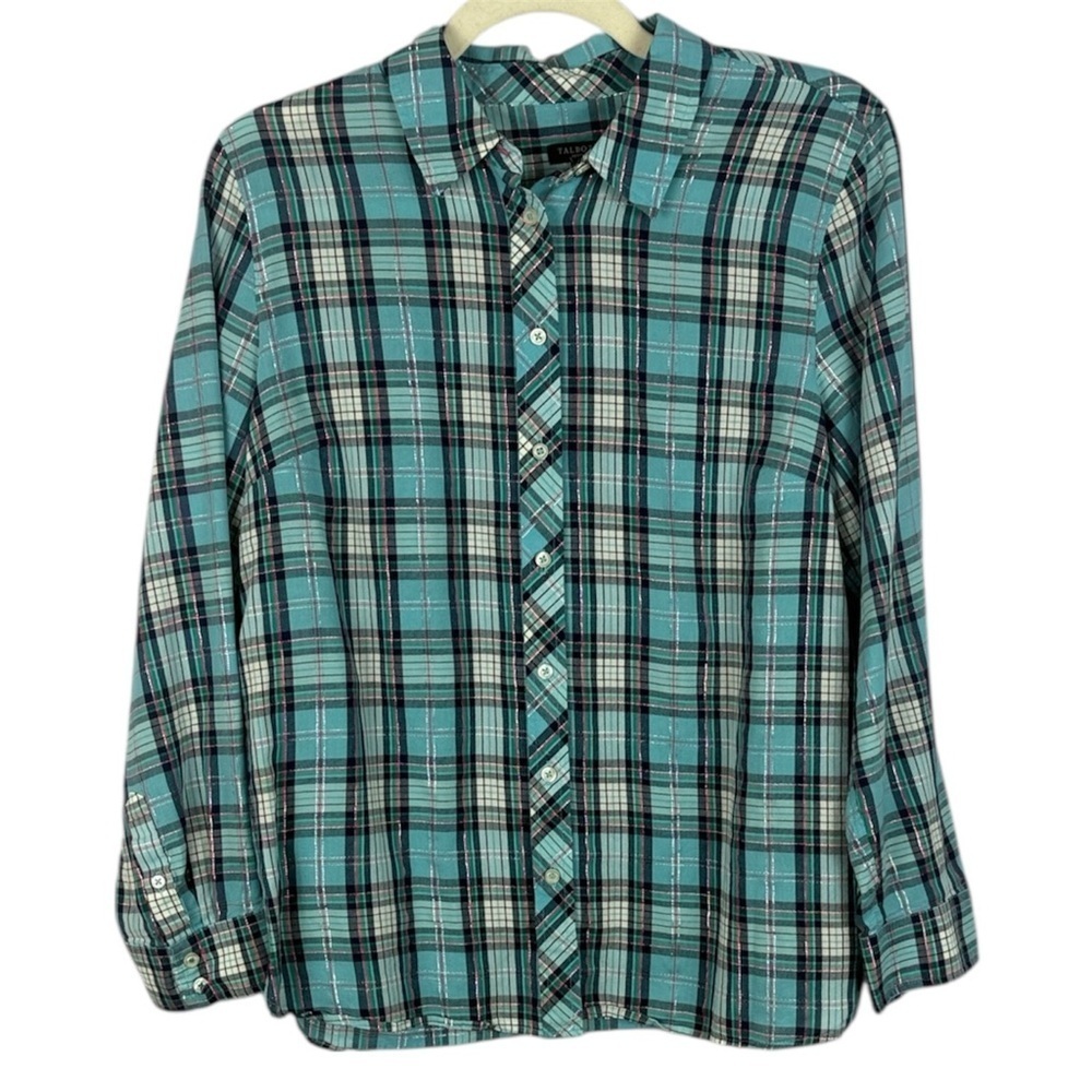 Talbots Petite Multicolour Cotton Metallic Blend Plaid Long Sleeve Large Blouse